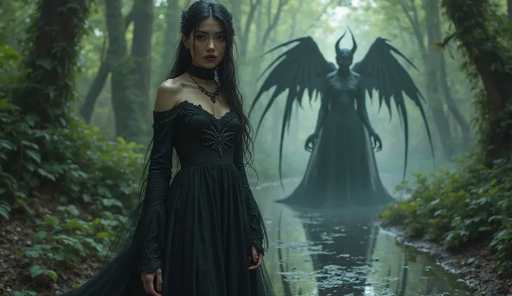 The Enchantress’s True Nature – A stunningly beautiful woman with mesmerizing eyes, wearing elegant yet dark attire, stands in a mystical forest. However, her shadow or reflection in a nearby water pool reveals a sinister form—her true nature as a venomous...