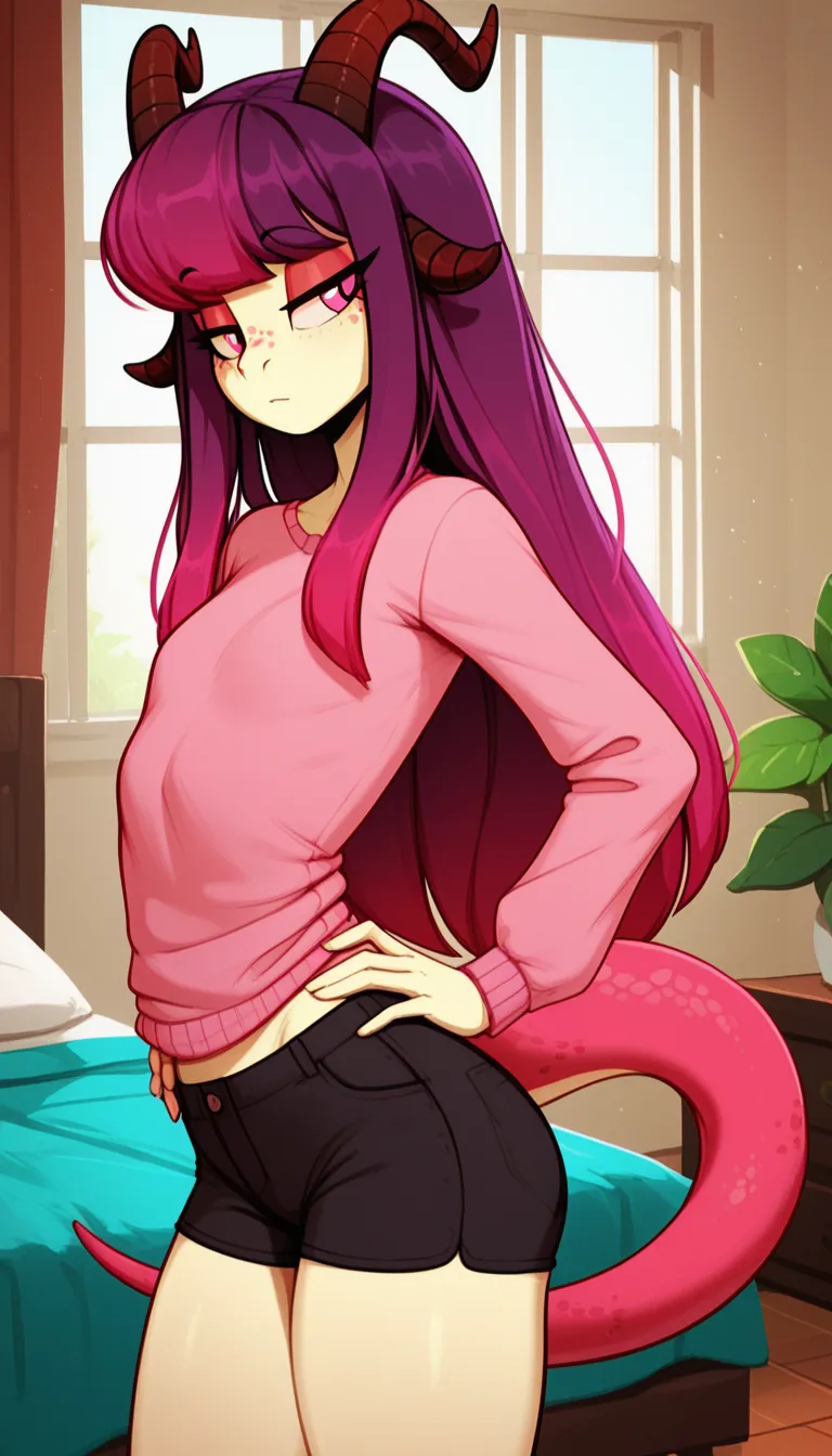 anthro, long hair horns , шерстьry, lizard tail ,  Anthropomorphic ram ,  light skin  ,  galaxy elements on her hair, galaxy hair, magenta hair,  light skin , long , pink eyes , long hair,  black shirt, small chest thick hips, (bedroom),  pink sweater,  bl...