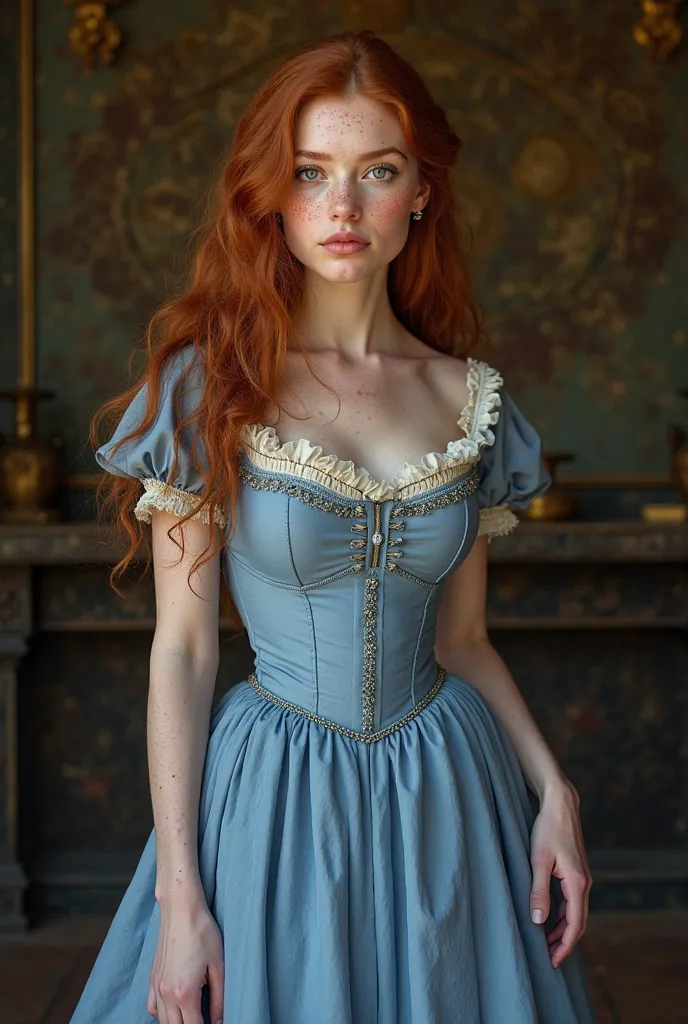  28-year-old female, full-body photos of wide hips, thin waist and large bust, wearing period dress of the English aristocracy in blue. Her face with rosy cheeks, with freckles and plump,  suit,  with a golden hue around her pupils , with small specks of t...