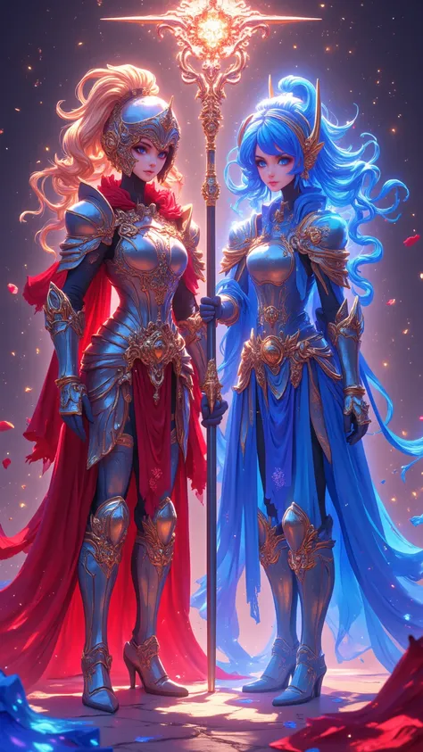 Close up of a woman dressed in black wearing a red cloak,  Woman Wearing Red Armor,  a female knight with tremendous muscular physique {x} and a beautiful female knight with blue odango hair , of a  a female knight with tremendous muscular physique {x} and...