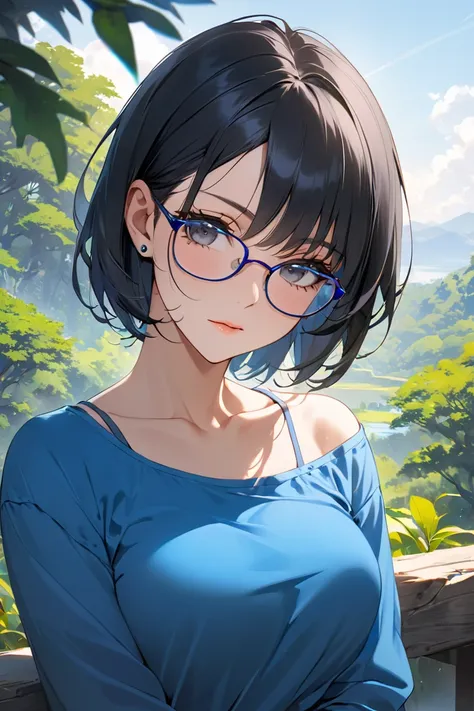 best quality, soft , super detail,  beautiful , 8k, 1 girl , Long Hair,  black hair, outdoor, bright,  clear sky,  mature women, Long Hair, forehead, Black Eyes, glasses, blue shirt, collarbone