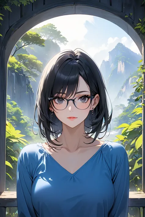 best quality, soft , super detail,  beautiful , 8k, 1 girl , Long Hair,  black hair, outdoor, bright,  clear sky,  mature women, Long Hair, forehead, Black Eyes, glasses, blue shirt, collarbone