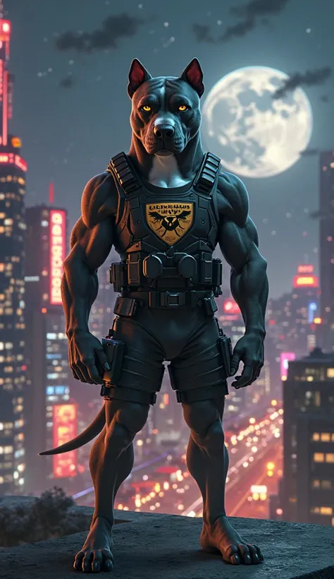 "Create a highly detailed cinematic scene of an anthropomorphic Pitbull named Maximus standing confidently on the rooftop of a tall building in a futuristic yet realistic city at nighttime. Maximus has a strong, muscular human-like build, with dark brown f...