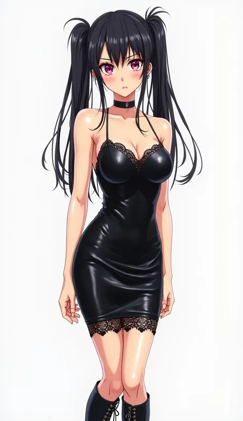 Japanese anime adolescent woman with long straight black hair with two pigtails and short locks and intense magenta eyes and wears a tight black dress made of leather-like material (possibly synthetic leather or vinyl). It has thin straps, a heart-shaped n...