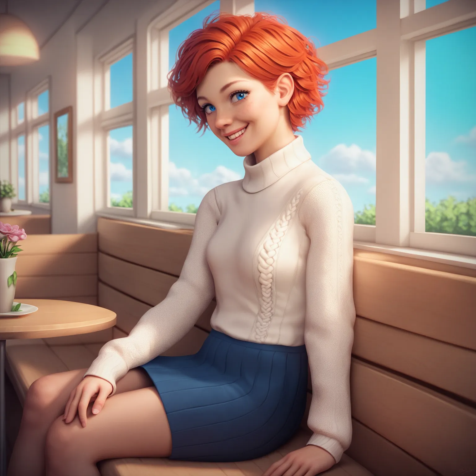 a tomboy with red hair and blue eyes. she is wearing white sweater and skirt. she is sitting inside a cafe. she is smiling happily at you.