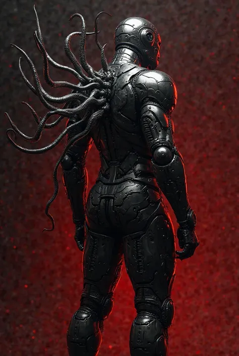 A suit made of tungsten metal about a centimetre thick
And that 5 metallic tentacles come out of your back, the image should show your entire foot and be black and red. 