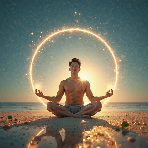 "A vibrant and healthy and handsome Korean male figure meditating in a lotus position on a shimmering beach at sunset, surrounded by a glowing aura of golden and white light emanating from his body, symbolizing energy, vitality, and spiritual balance. The ...