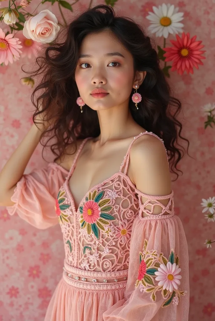 A beautiful Thai girl wearing a delicate pink crochet outfit adorned with vibrant floral embroidery. She has voluminous curly hair and wears matching floral earrings. The intricate lace design and warm pastel tones highlight her elegance and charm. She pos...