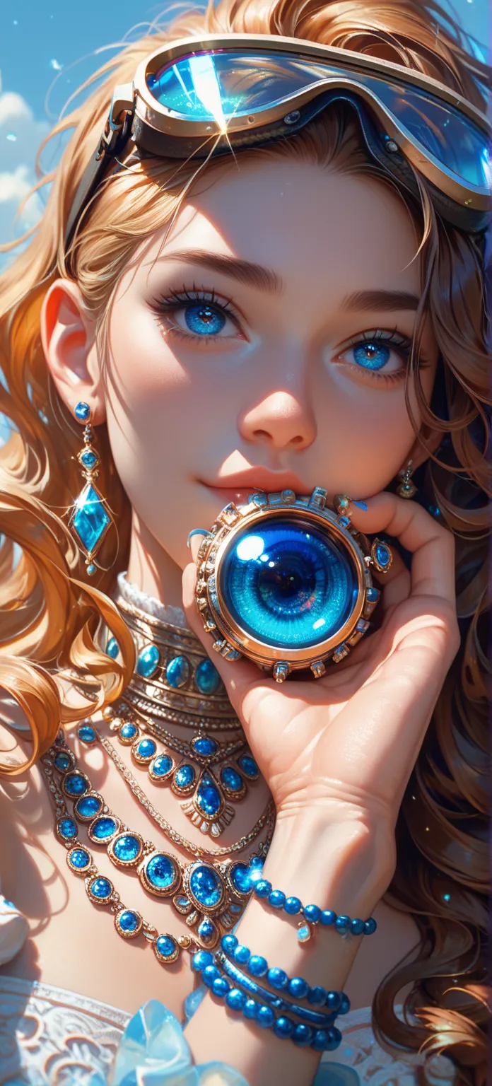 25 years girl, goggles wearing on eyes, bought Hands are placed on the cheeks, long hair, blue beutiful eyes details, close up view, jewellery, earing long, gorgeous,