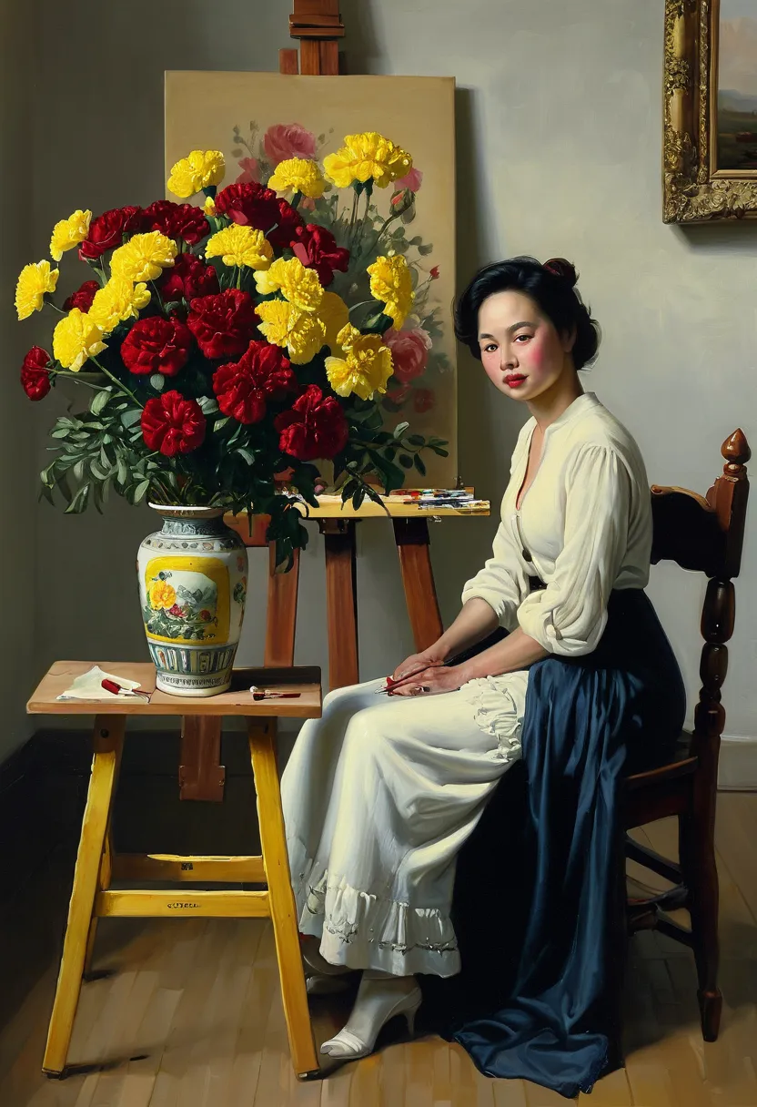 painting of a woman sitting in front of an easel, a vase of large yellow carnations stands nearby, a porcelain vase of red roses stands on a table, James Lee, sitting at an easel, by James Lee,