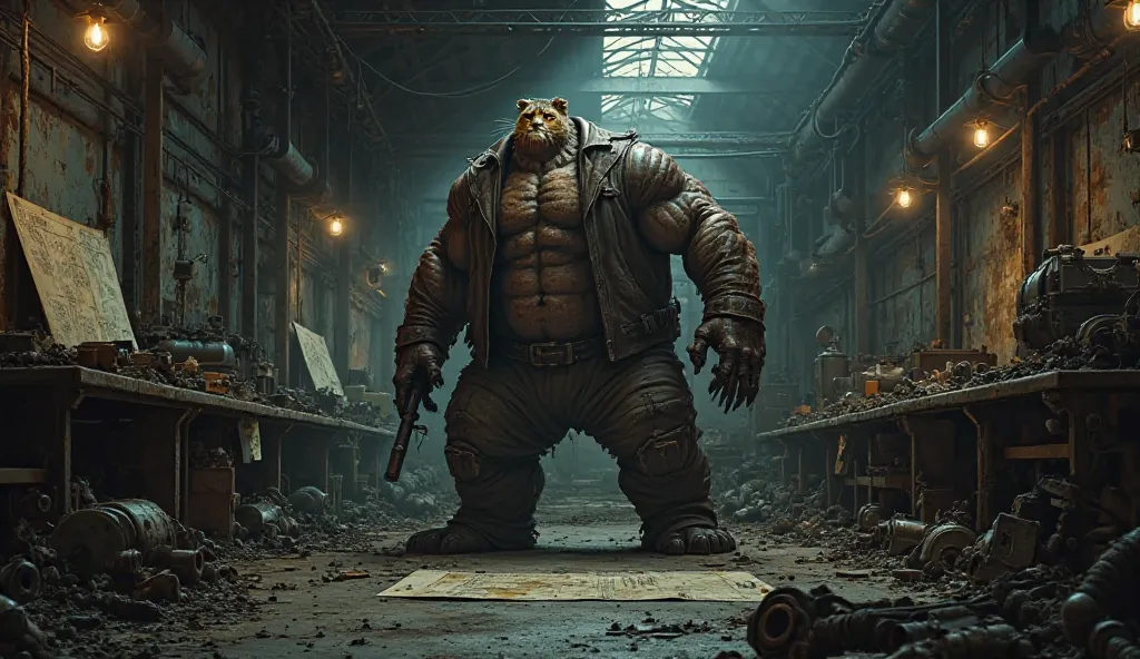 A dark, abandoned warehouse, barely illuminated by a few hanging industrial lights. Felix, now dressed in a worn-out leather jacket, stands in the center, surrounded by piles of metal scraps, blueprints, and crude machinery. His massive, ultra-muscular for...