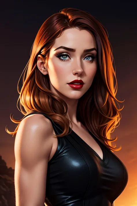 A beautiful female whose facial features are a combo of Camryn Grimes + Shay Laren + Maitland Ward. The female's hair is untied and hangs loose. The female wears a black sleeveless dress. The female has lovely makeup on her face. The female wears red lipst...