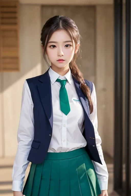 Masterpiece, top quality, faceup,One Girl , Alone, , Cross-shaped pupil, school uniform, green tie, blazer, pleated skirt at the top of the screen, green cape, is standing