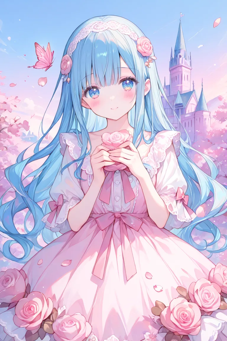 masterpiece, best quality, ultra-detailed, an anime-style scene featuring a young girl with long, flowing blue hair and big, sparkling blue eyes. She stands in front of a whimsical pink castle, her expression soft and curious as she looks back over her sho...