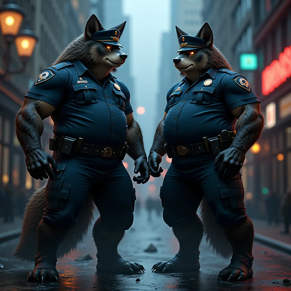 Two fat werewolves police officers in uniforms, Fat guys with huge butts, tight pants, large backs , and very fat