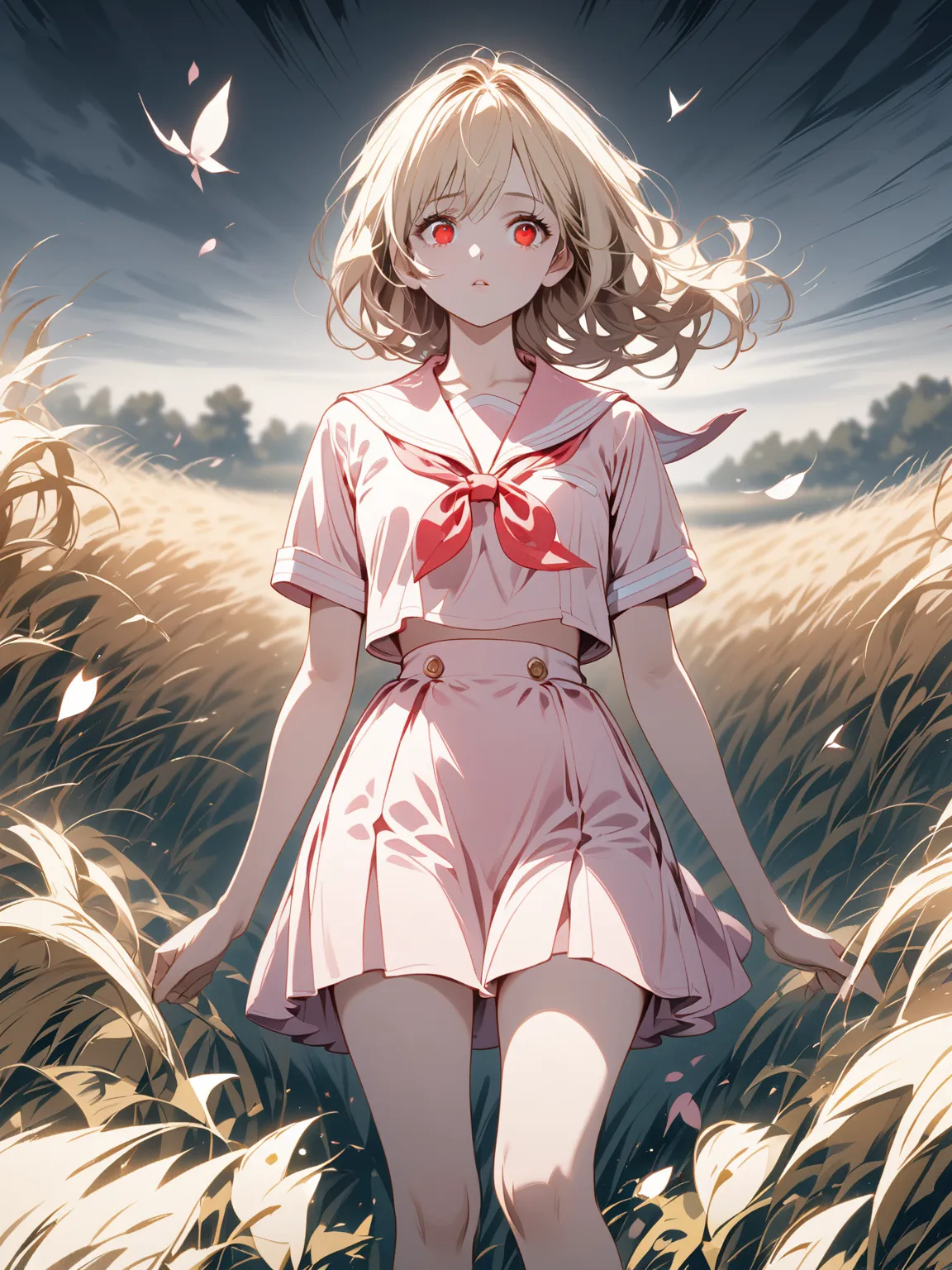 pink sailor summer suit, blonde medium hair, Red Eyed Girl, Alone, The background is petals fluttering,  alert ,  knee shot, corruption,  Shade, miniskirt, 