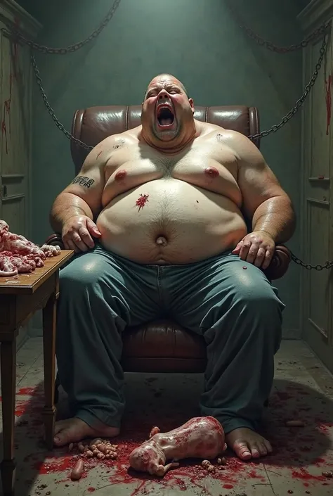 Extremely obese man chained to a chair while screaming. There are traces of food on the floor and human parts filled with blood on a table