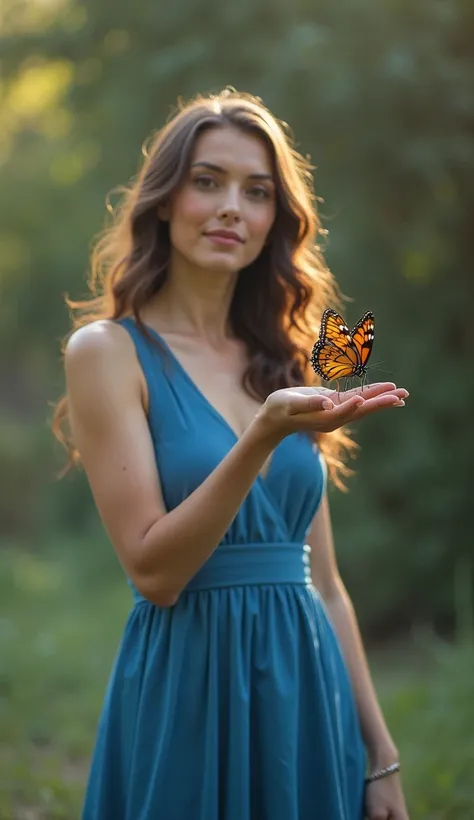 ((16k,  masterpiece, RAW photo, Highest quality, Ultra High Definition , realistic,  in her hand. 、１A human woman is standing、On a woman's hand、and a butterfly is perched、Women、、wearing a blue dress、takes a picture of the whole body