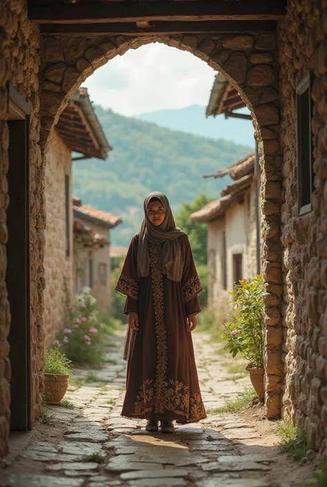 Make me a video of a Bosnian muslim woman on a village going to a local mosque in ramadan time