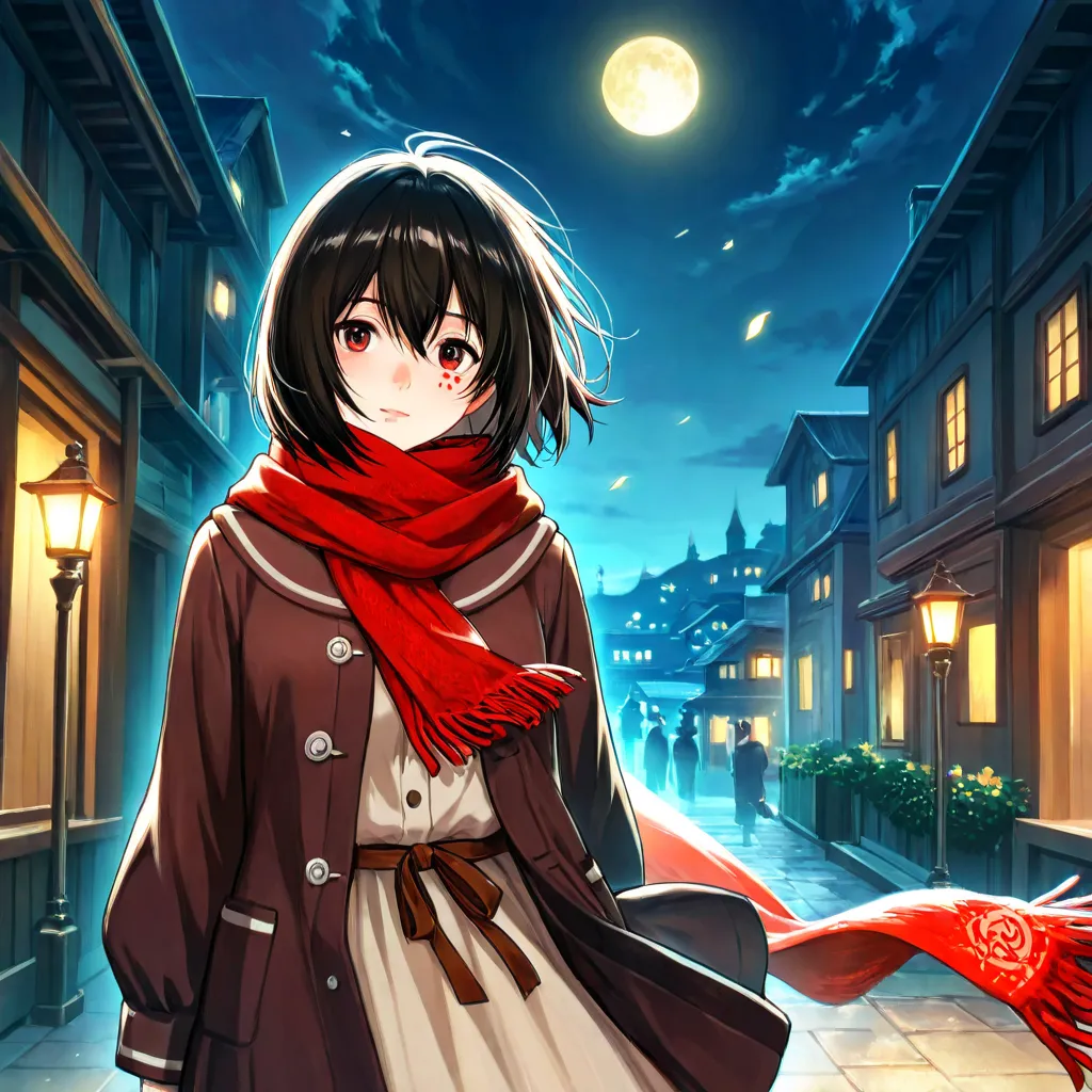 Mikasa gently holds her red scarf in a quiet nighttime scene. Her eyes reflect a mix of sorrow and warmth, with a calm and tender expression. The wind softly moves through her long black hair, while the bright, luminous moon casts a gentle glow on her face...