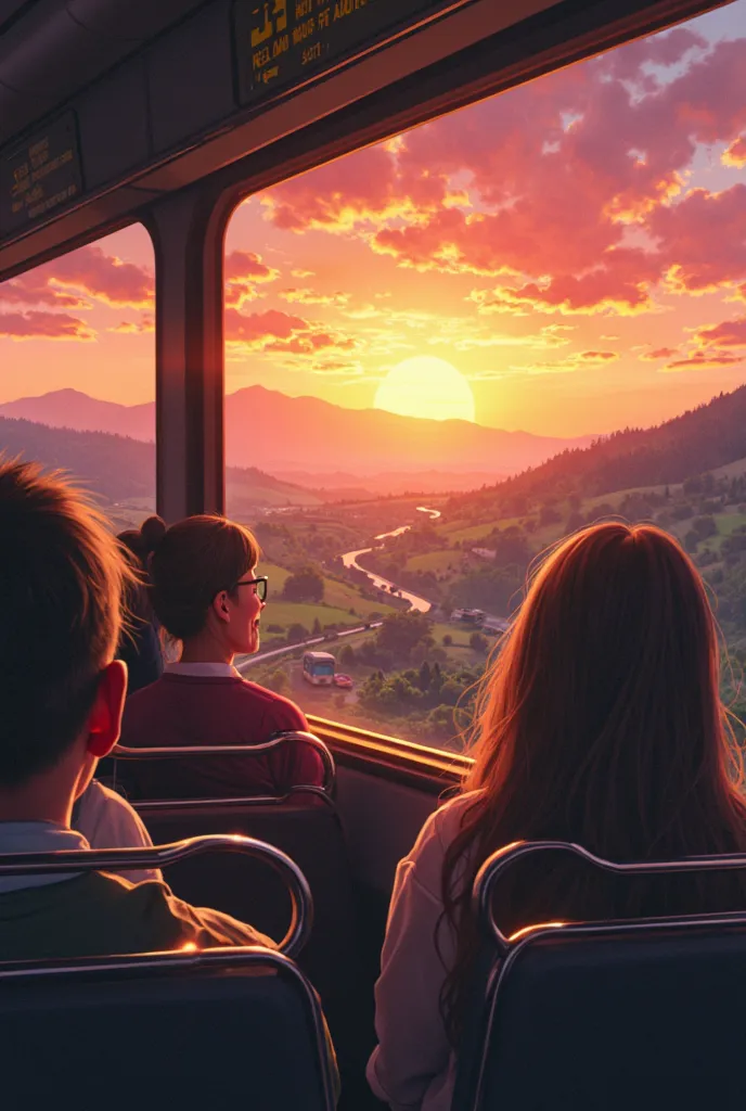 riding in a bus, with a sunset