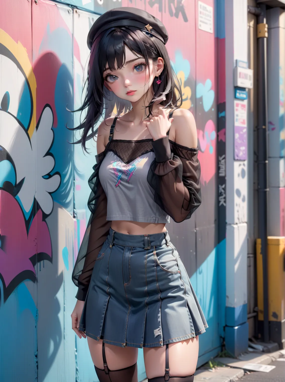 young pretty woman, leaning against graffiti wall, with feared expression on her face, BREAK, (black medium hair, swept-side bang, black cap), BREAK, ((black mesh long sleeves off-shoulder, gray tank top straps), (warm-gray denim pencil mini skirt), black ...