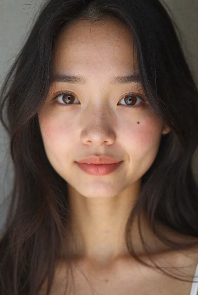 A portrait of a young woman with an oval-shaped face and black hair. She has brown, almond-shaped eyes with average size and double eyelids, complemented by straight eyebrows of average thickness and spacing. Her nose is of average width and length, and sh...