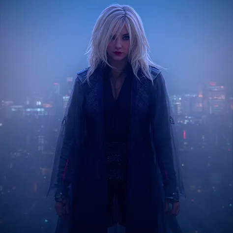 The female character stands confidently on a high-tech rooftop in dystopian Neo-Tokyo, with the neon lights of the city casting a dramatic glow on her outfit. Her hair, a striking shade of icy platinum white, is styled in loose waves that cascade over her ...