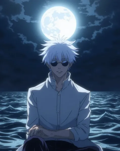 Create the image of Satoru Gojo from Jujutsu Kaisen with White Hair,  blue eyes,  round dark glasses ,white shirt,Sitting by the sea at night with the moon and stars filling the sky.
