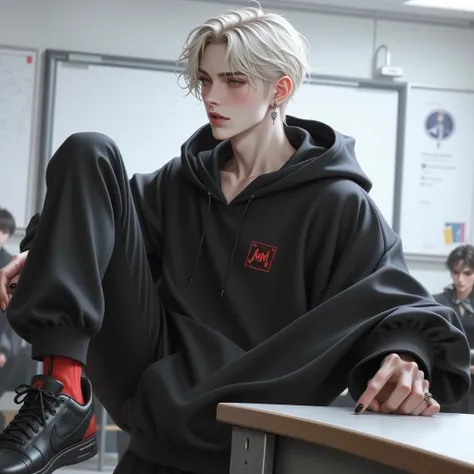  Platinum blond guy ,haircut with transition ,red glowing eyes ,frowning dark eyebrows , high cheekbones,summer appearance25,on the lower lip to the corner of the mouth piercing,black men's wedge-shaped stud earrings,wearing a black oversized hoodie,black ...