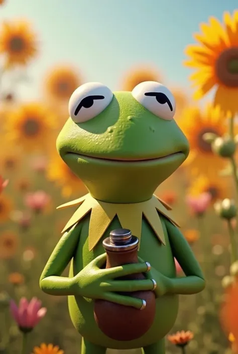 a close up of a frog holding a flask in a field of flowers, a picture by Pixar, trending on polycount, pop surrealism, film still of kermit the frog, anato finnstark. pixar, cute frog, portrait of kermit the frog, kermit the frog, cute pixar character, pix...