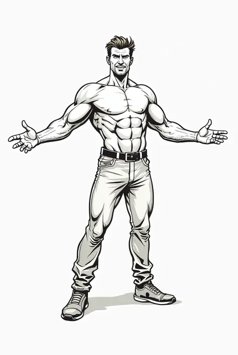 a drawing of a man with arms outstretched and hands outstretched, Line art inspired by Rob Liefeld,  trend in DeviantArt , Conceptual art,  dynamic perspective pose , anime pose, pose( arms up + happy), posture of arms in jugs , dynamic perspective pose , ...