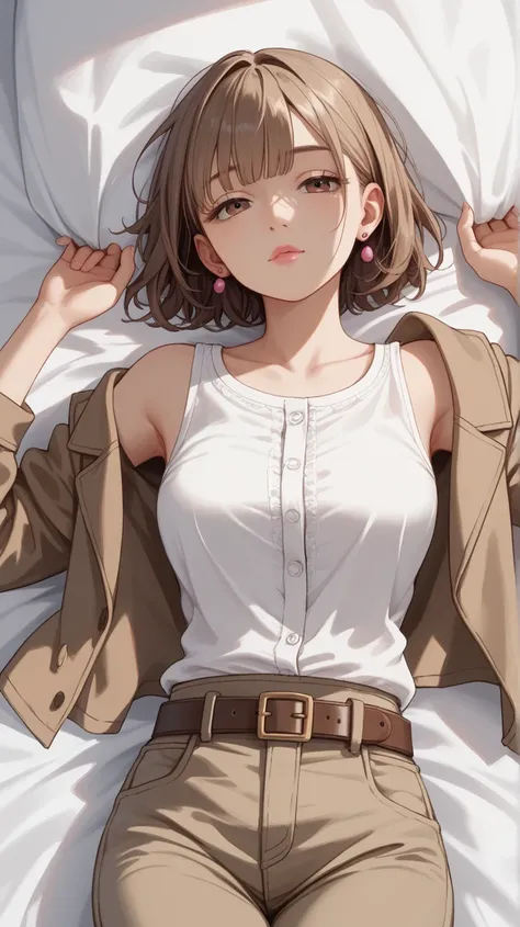  anime style、  one woman、pink lips、bangs、Dark、bob hair、 Dark brown hair、  Low、Baby Face、round face、normal breast、Half-Open Eyes、brown eyes、small pink earrings、White button-down blouse、Light brown open jacket、dark brown belt、light brown cargo pants、 office、...