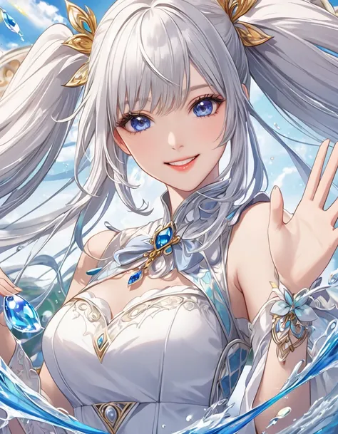  depicted on a large playing card with background、手持ちのシルバーロングヘア、   with beautiful twin tails 、smile、beautiful twin tail spade pattern costume、  woman in a white dress , beautiful fantasy anime, change, splash art anime change,   beautiful and charming anim...