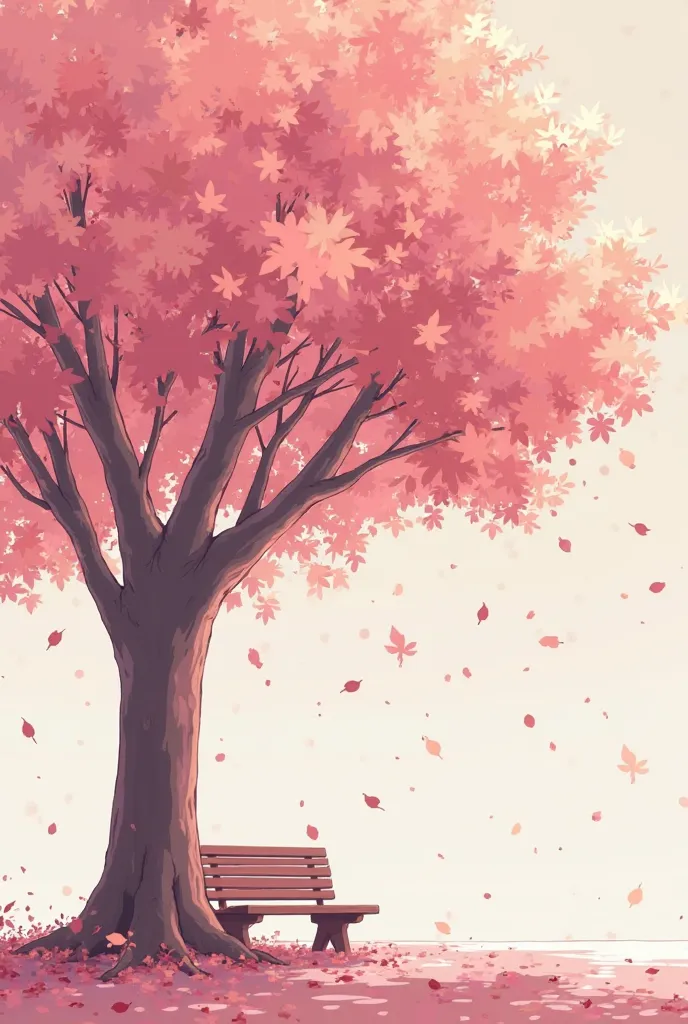 "An anime-style illustration of a tree with leaves falling, and a bench placed beneath the tree, located within the school grounds. The scene conveys a peaceful and serene atmosphere, with the soft pink hue of the surroundings creating a romantic and dream...