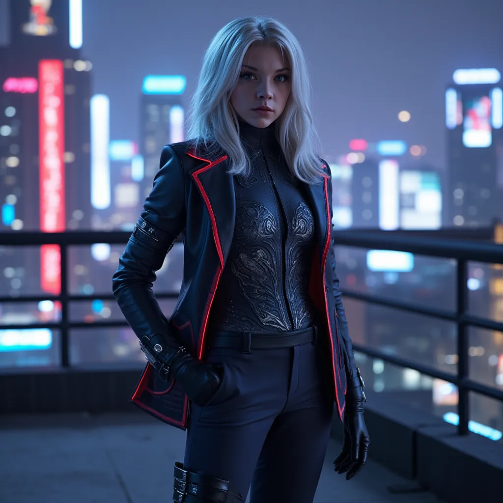 The female character stands confidently on a high-tech rooftop in dystopian Neo-Tokyo, with the neon lights of the city casting a dramatic glow on her outfit. Her hair, a striking shade of icy platinum white, is styled in loose waves that cascade over her ...