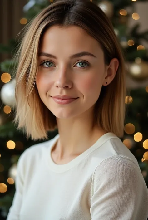 A 35-year-old woman with a slender body, shiny light brown hair, an Airy Bob cut, white Scottish skin, deep blue eyes with ice-grey irises, smiles at the photographer, Christmas background.