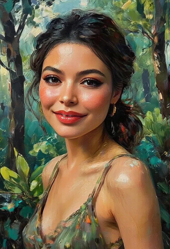 Miranda Cosgrove, extremely detailed, highres, forest background, beautiful detailed woman, light on face, looking at viewer, POV, gown, smile, perfect face, solo, impasto oil painting.