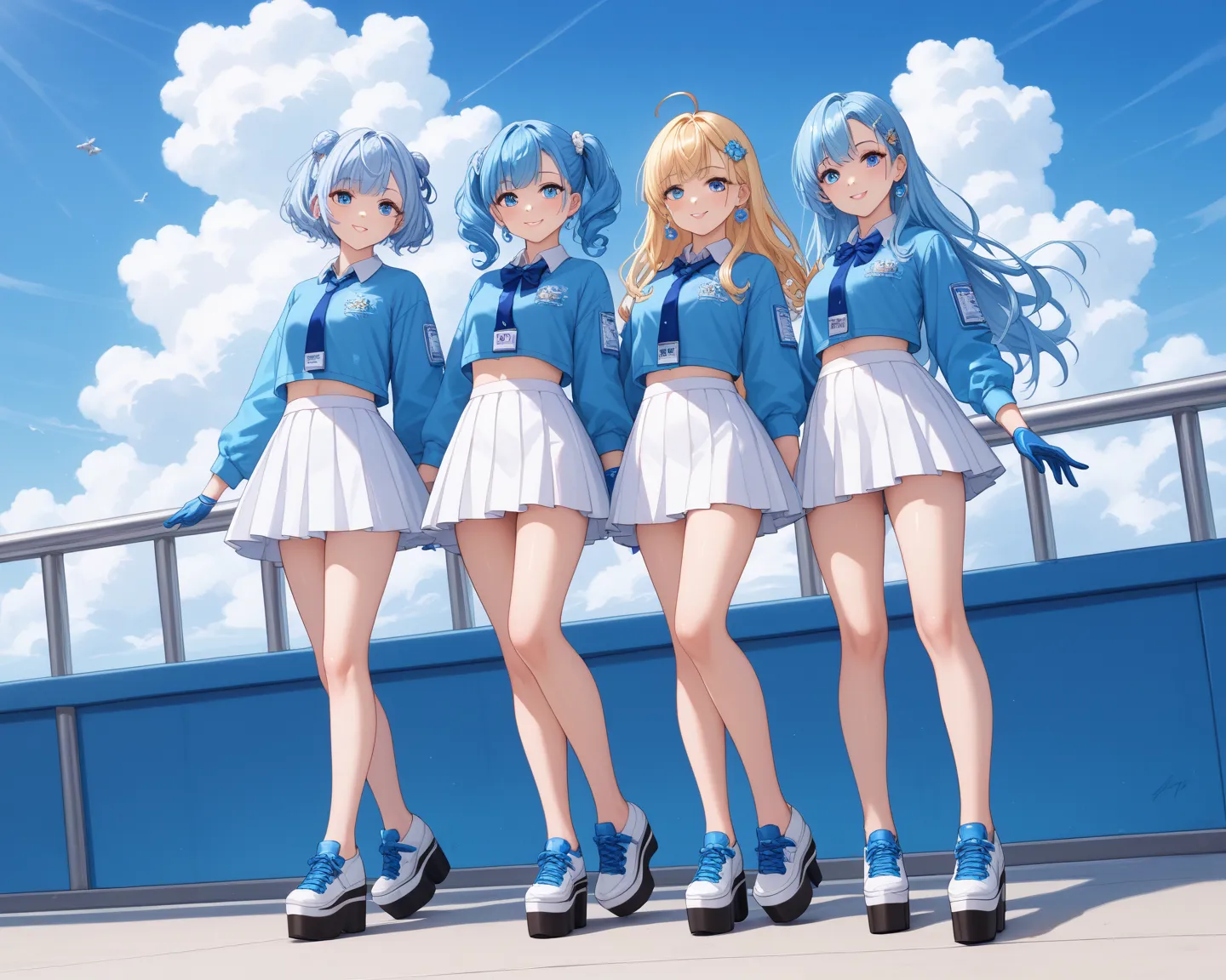 4girls, full body, bare legs, light skin, sky blue long hair, sky blue eyes, sky blue shirts, white skirts, sky blue gloves, platform shoes