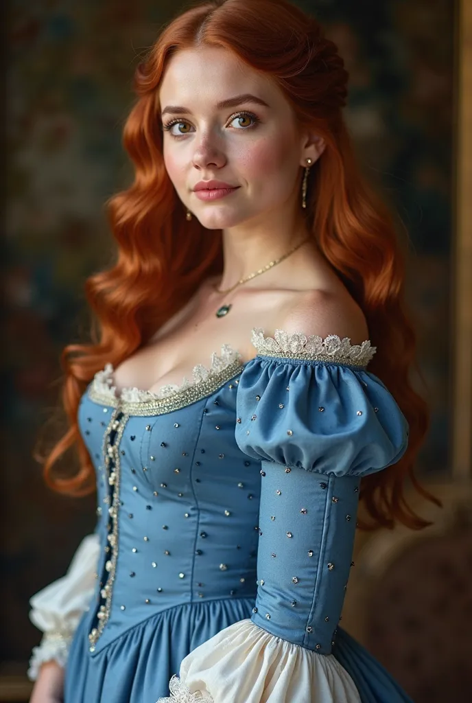  28-year-old female, full-body photos of wide hips, thin waist and large bust, wearing a blue period dress of the English aristocracy. Her rosy-cheeked face, with freckles and plump,  with big, brown eyes,  with a golden hue around her pupils , with small ...