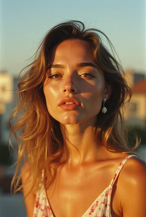 The image is a Self-portrait of Average girl sunbathing on the terrace in a summer dress, the sun is reflected on her skin, Illuminated skin, glowing skin. (Self-portrait characteristics: Kodak Portra 400, Kodak Gold 200, analog photo, 35mm_girls:1.6)