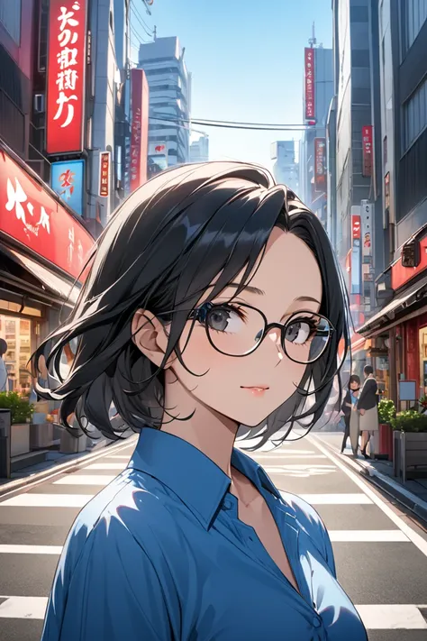 best quality, soft , super detail,  beautiful , 8k, 1 girl , long hair,  black hair, outdoor, bright,  clear sky,  mature women, forehead, Black Eyes, glasses, blue shirt, in the Tokyo city building