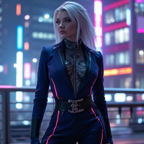 The female character stands confidently on a high-tech rooftop in dystopian Neo-Tokyo, with the neon lights of the city casting a dramatic glow on her outfit. Her hair, a striking shade of icy platinum white, is styled in loose waves that cascade over her ...