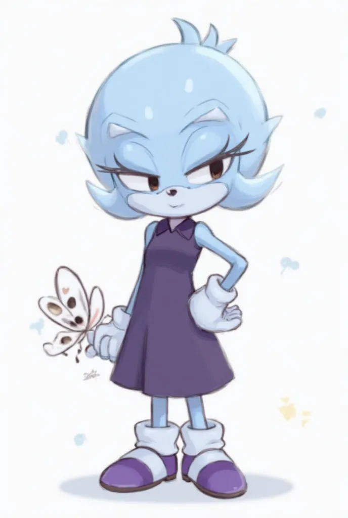 I want a character from the Sonic world with light blue skin, a squawking face, a butterfly drawn on the side of her left hand, short hair, gray eyes, wearing a slightly dark purple dress, and purple and white shoes.