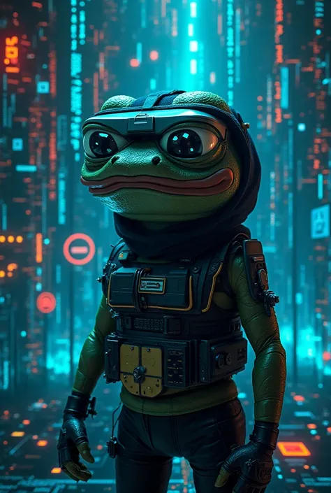 Apu Apustaja the antropomorphic frog as a hacker wearing VR googles in cyberspace
