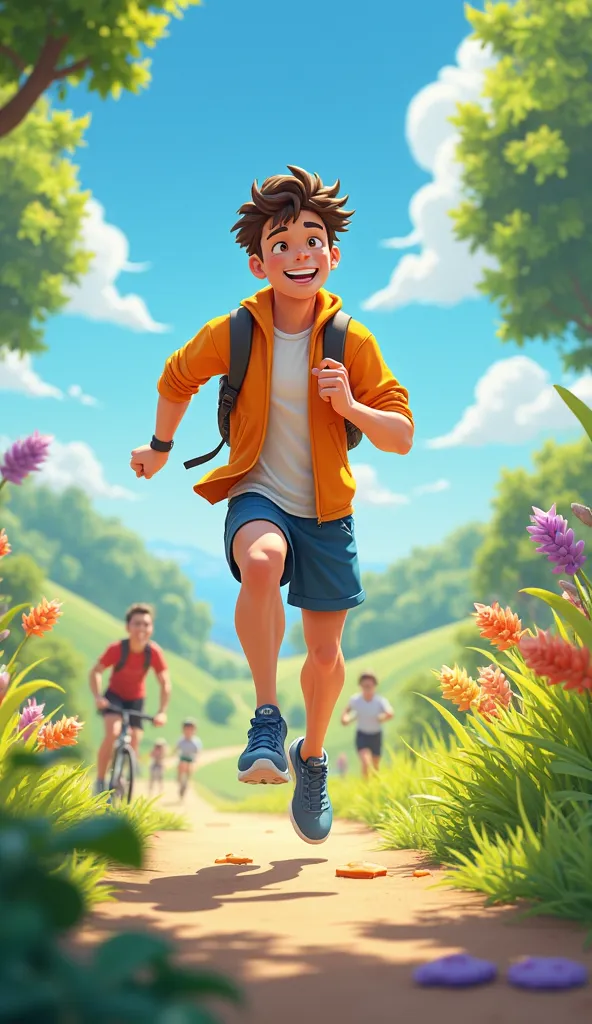 smiling male character, participate in outdoor activities with a full of life.