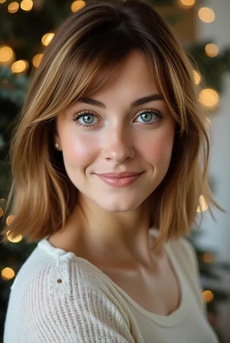 A 35-year-old woman with a slender body, shiny light brown hair, an Airy Bob cut, white Scottish skin, deep blue eyes with ice-grey irises, smiles at the photographer, Christmas background.