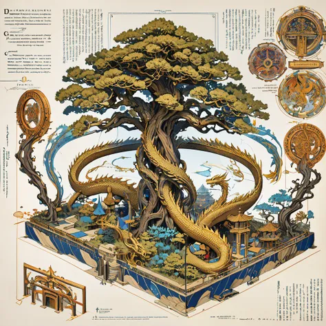   Geometric Model      、     spiral、HD,  masterpiece, high detail,  Super Fine, A giant tree with a big twist、world tree、god々Shii、World Blueprint、御god木、Two Dragons Protecting Trees、