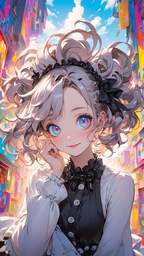 anime style、 Tim Burton Style、 girls on the left、anime character、Anime Beautiful Girl、cute gesture、background that matches the subject、Beautiful colors、modern、Zoom in on face、