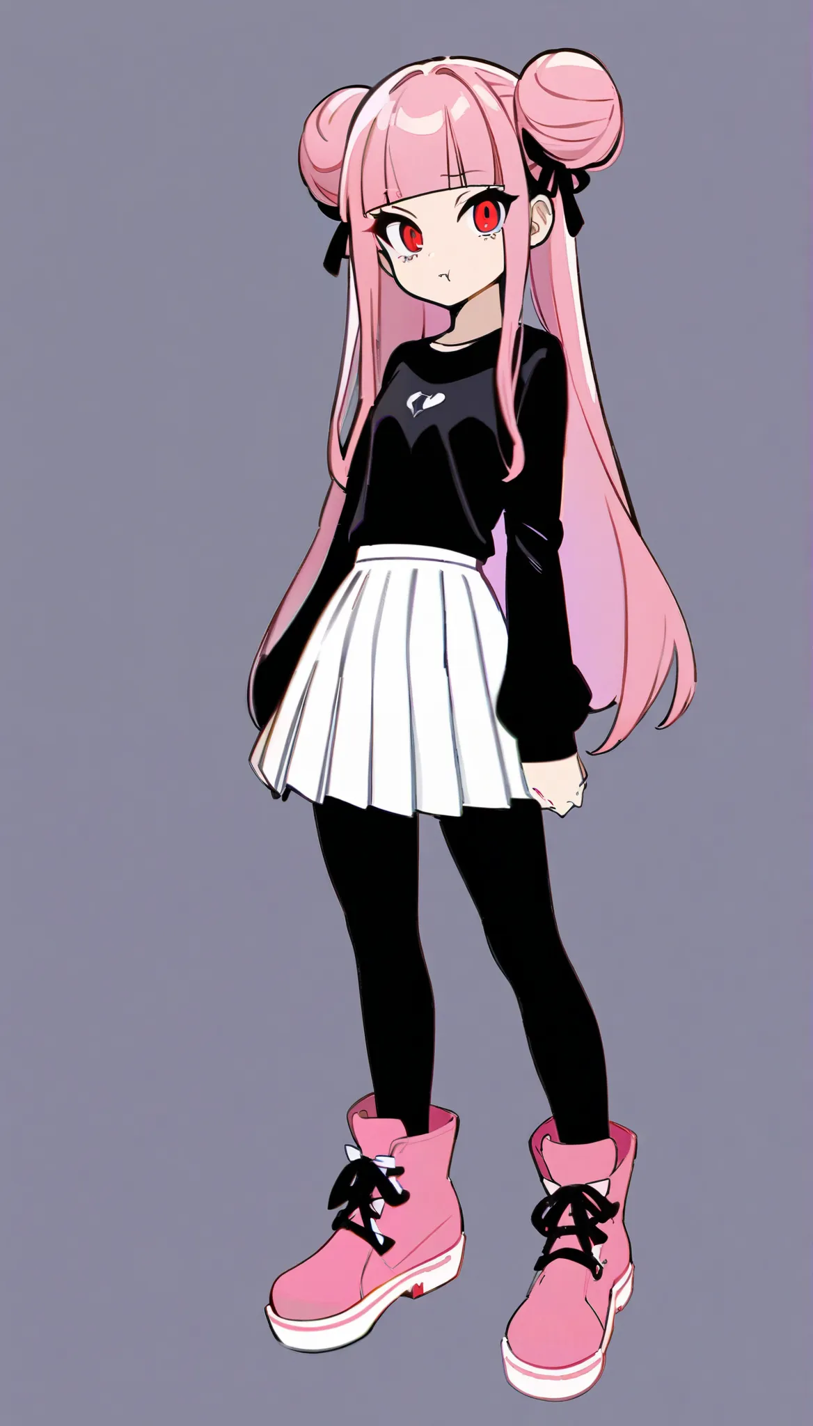 (((Highest Quality))), (Simple background), 1girl, fullbody, standing, young girl, pink hair, Long Hair, Double Bun, blunt bangs, red eyes, tsurime eyes, black t-shirt, striped sleeves, white pleated skirt, black legging, pink boots, black ribbons on hair,...